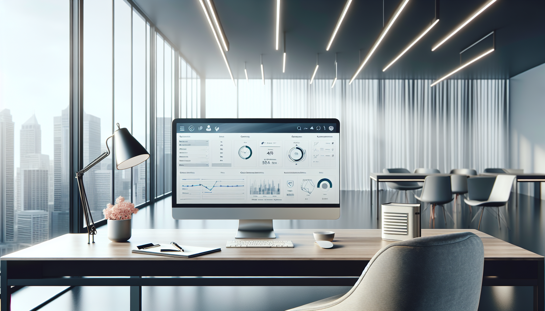 Modern office workspace with analytics dashboard on computer