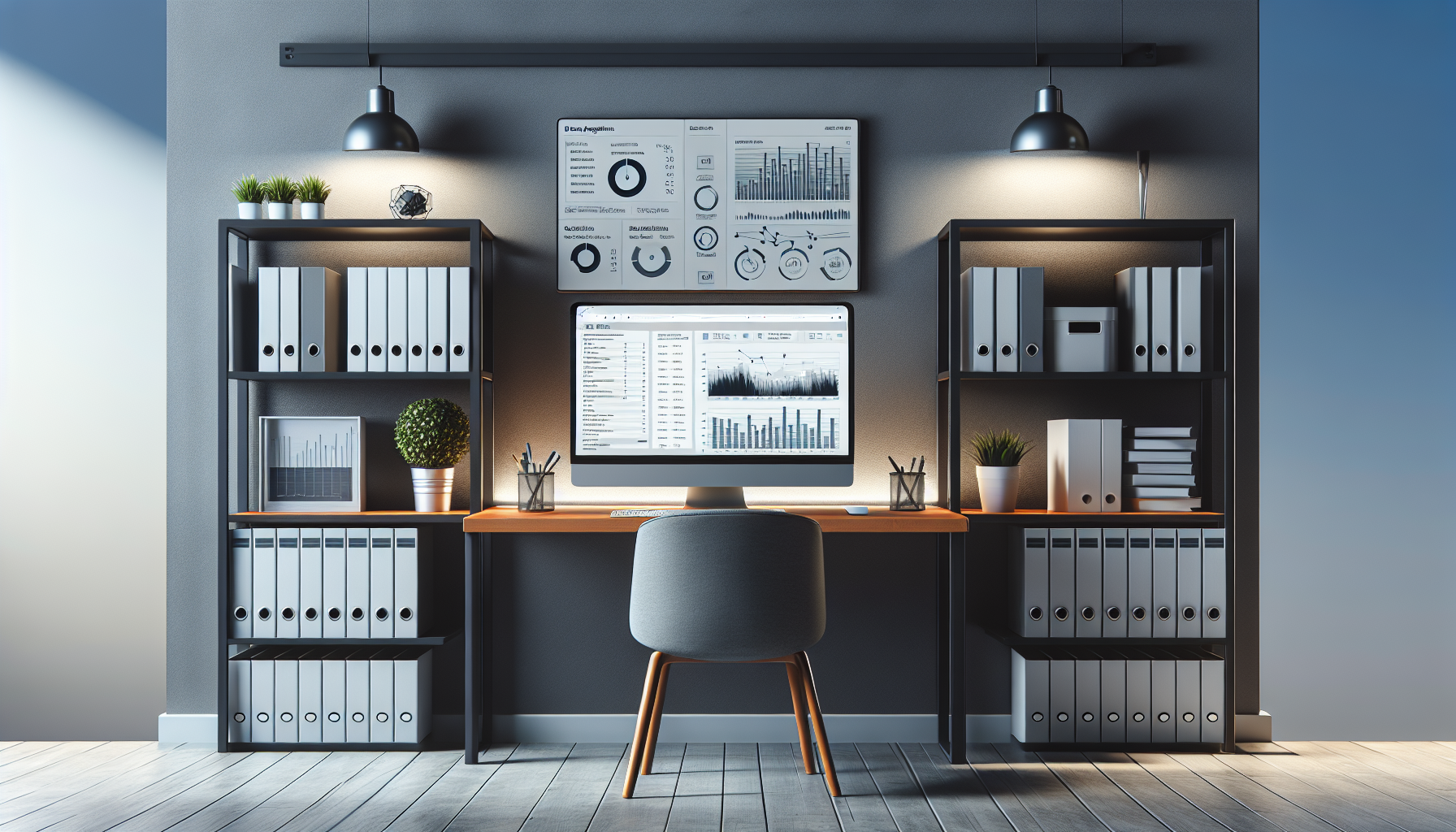 Modern home office with white desk and shelves for storage