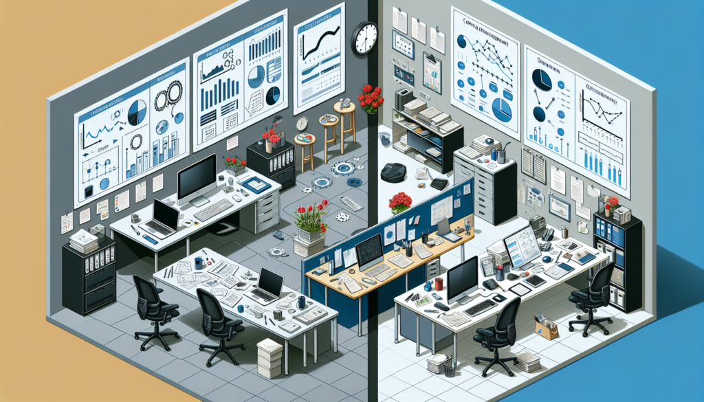 Modern office with data analytics and coworking spaces.