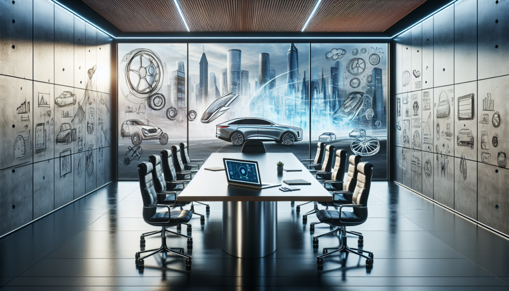 Futuristic conference room with car design sketches on walls